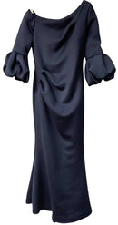 JOVANI Navy Scuba Knit Trumpet Sleeve Ruched Full Length Gown