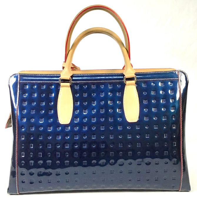 ARCADIA Blue Embossed Patent Leather Tan Trim Tote Bag