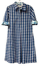 DIZZY LIZZIE Blue/White Knot Print w/Contrasting Cuff Shirt Dress