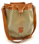CELINE Vintage Tan Leather Beige Coated Canvas Triomphe Bucket Bag