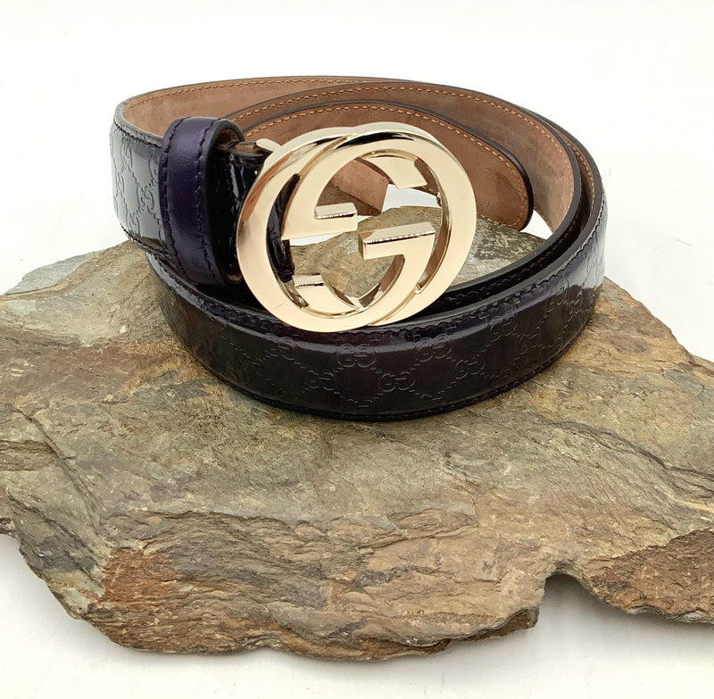 GUCCI Purple Patent Leather Debossed Signature Interlocking Buckle Belt 85cm