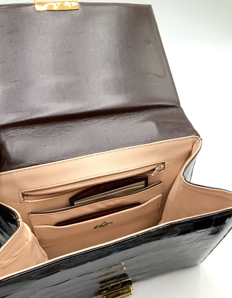 BELLESTONE Vintage Brown Crocodile/Lea Interior w/Mirror & Comb Handbag