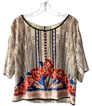 MOULINETTE SOEURS Blue/Red/Beige Burn-Out Velvet S/S Top