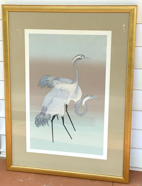 Mid Century Artist's Proof of Cranes in Gold Frame