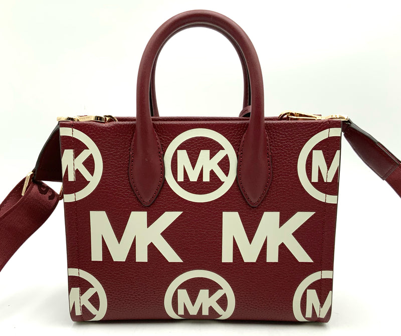 MICHAEL KORS Dark Cherry Grained Leather Logo Mirella Shopper Crossbody Bag