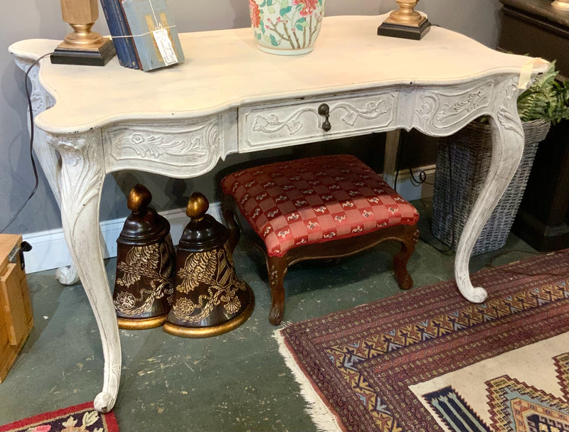 Carved Wood Writing Desk with Distressed White Finish