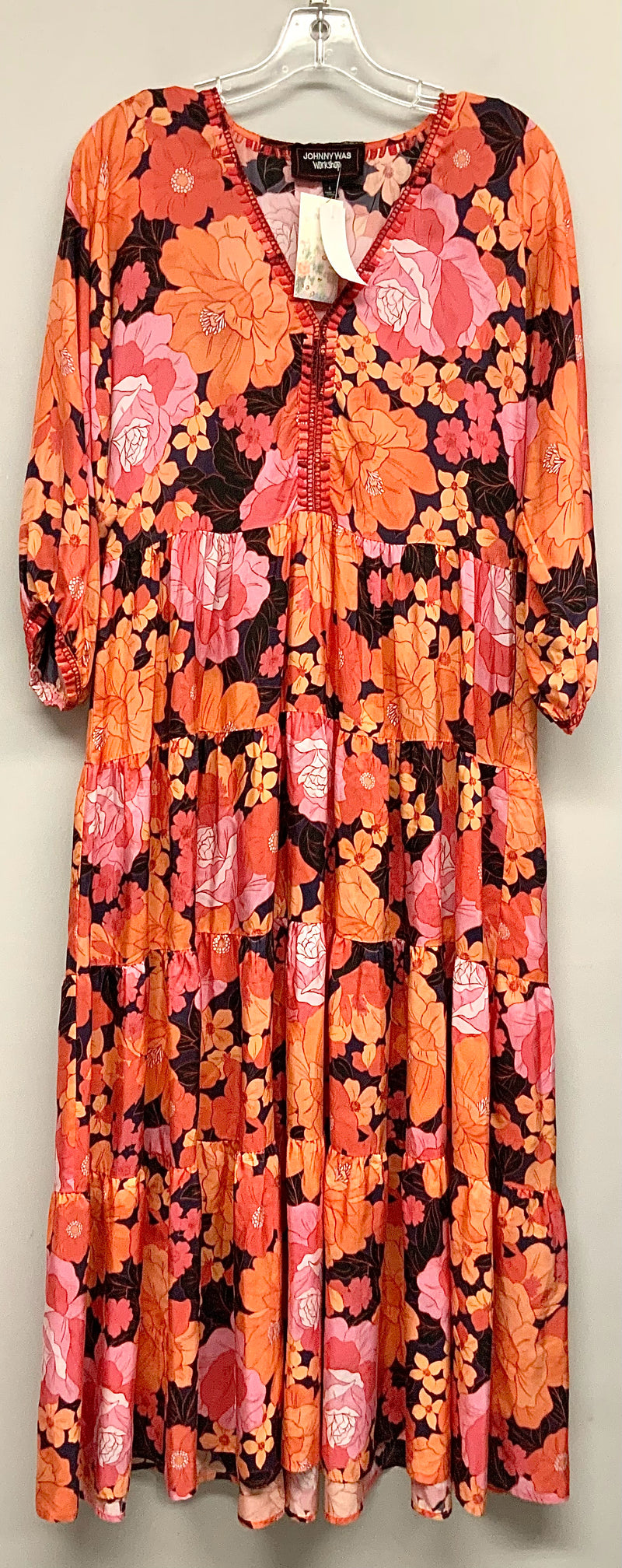 JOHNNY WAS Pink/Melon/Black Floral 3/4 Sleeve Silk Maxi Dress