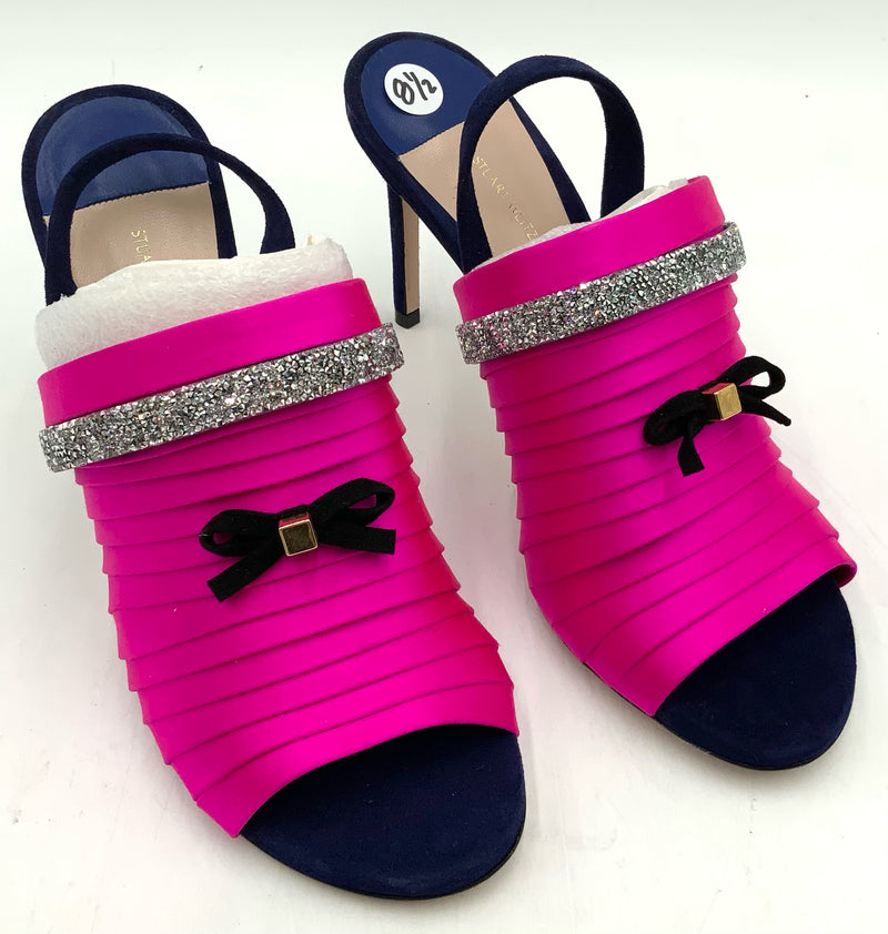 STUART WEITZMAN Blue Suede Hot Pink Pleated Jeweled Accent Slingback Sandals 8.5