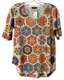 NALLY & MILLIE Orange/White/Blue/Multi Geo Print V-Neck S/S Top