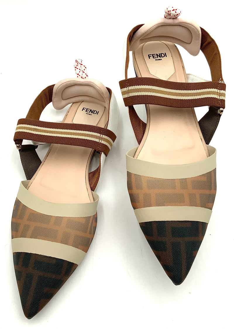 FENDI Beige Brown Zucca Mesh Pointed Toe Slingbacks sz 40