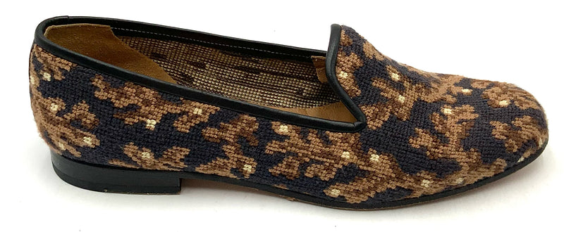 STUBBS  & WOOTTON Black/Brown Needlepoint  Reef Coral Pattern Flats 9