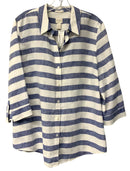 CHICOS White Blue Striped Linen Non Iron B/D Top
