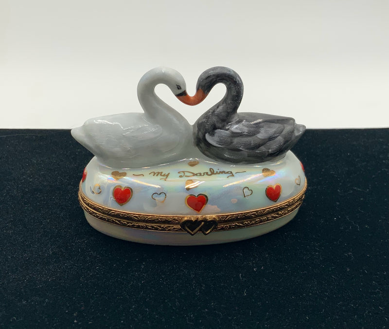 Limoges Kissing Swans Porcelain Trinket Box