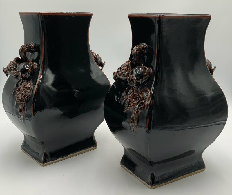 Pair of Black/Brown Glaze Ceramic Vases with Pomegranate Handles