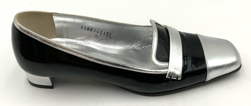 DOLCE & GABBANA Black Patent Silver Leather Cap Toe Low Heel Pumps 37