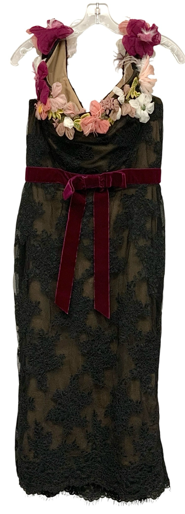 MARCHESA Black Lace Overlay w/Feather & Floral Embell S/L Gown