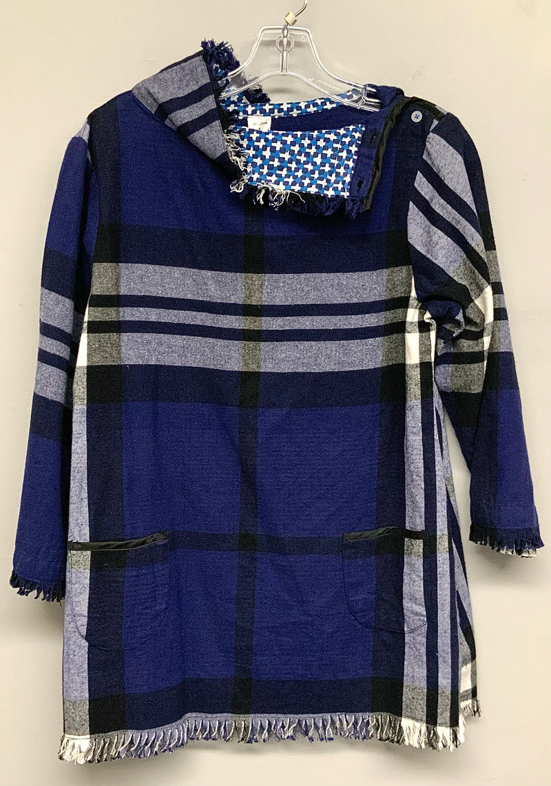 DIZZY LIZZIE Blue Cream Black Plaid Raw Edge Button Collar Tunic Top