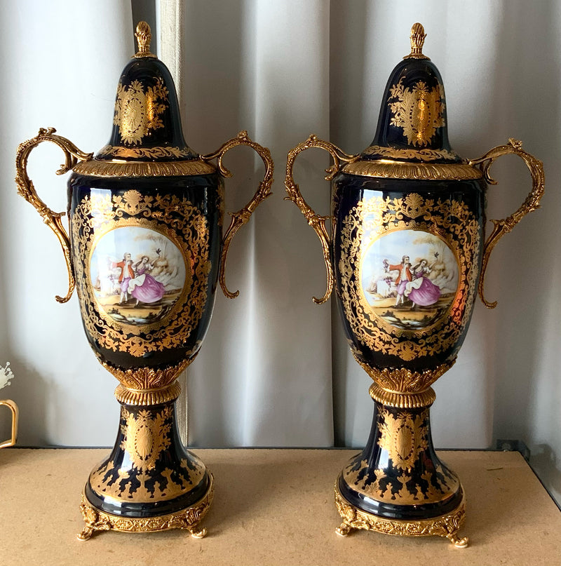 Pair of Sevres Style Cobalt Vases