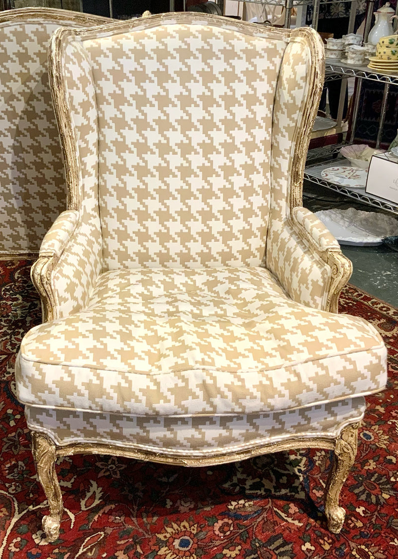 Carved Wood Wing Chair with Houndstooth Upholstery