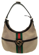 GUCCI Vintage Canvas Green Red Web Stripe Brown Leather Trim GG Reins Hobo