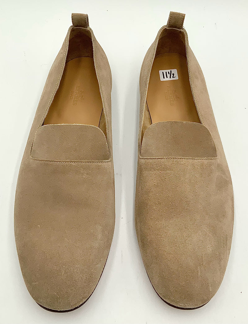 HERMES Tan Suede Slip On Loafers 11.5