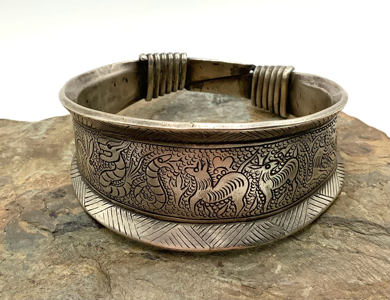 Silvertone Metal Cuff Bracelet w/Engraved Animal Scene