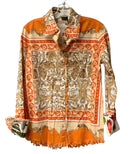 TIZZIE Orange/White/Tan Print w/Contrasting Cuff L/S B/D Top