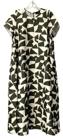 BR Green/White Geo Print A-Line S/S Midi Dress