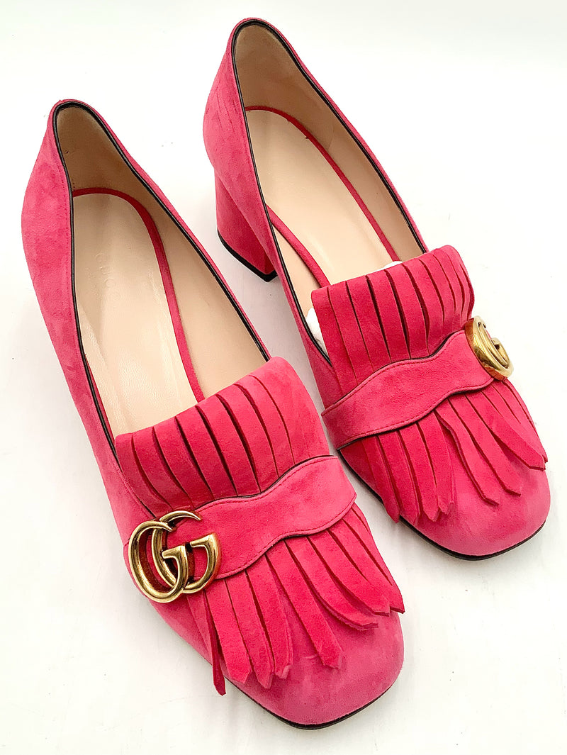 GUCCI Hot Pink Suede Scamosciato Fringe Marmont Pumps 9