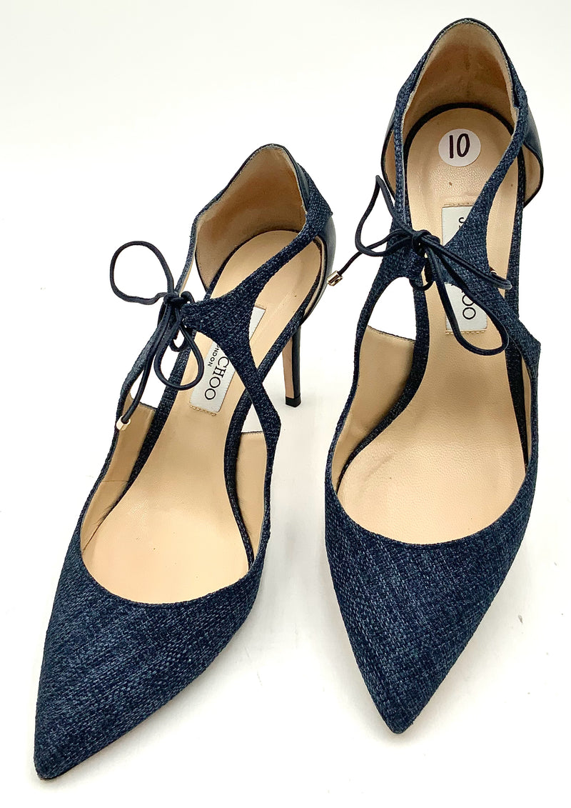JIMMY CHOO Navy Denim Leather Vanessa Lace Up Pointed Pumps 41