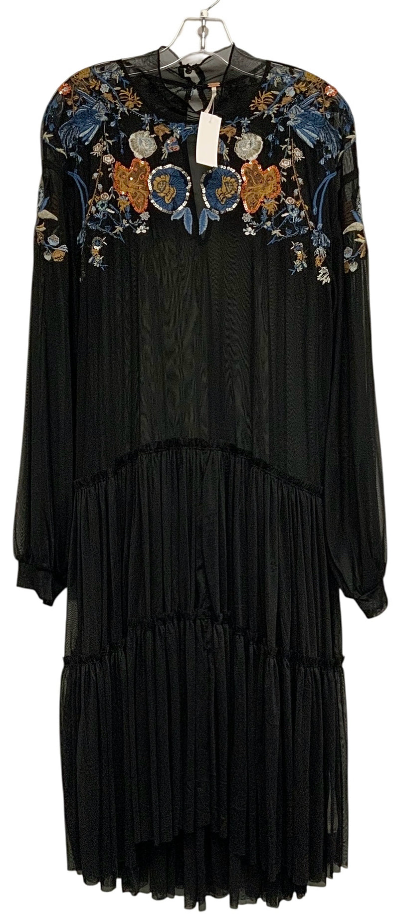FREE PEOPLE Black Sheer Net w/Multi Floral Embroid L/S Dress