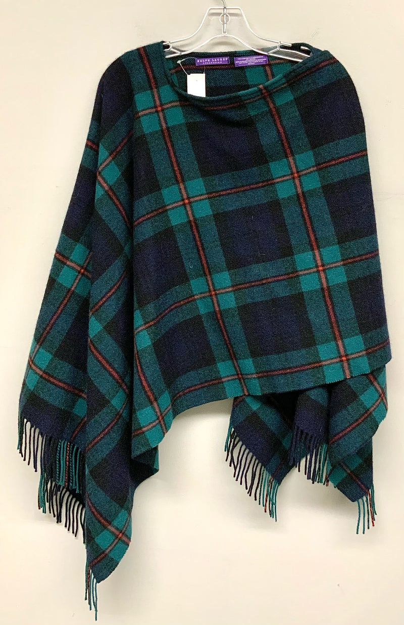 RALPH LAUREN Coll. Navy Green Red Plaid Lambswool Angora Fringed Wrap