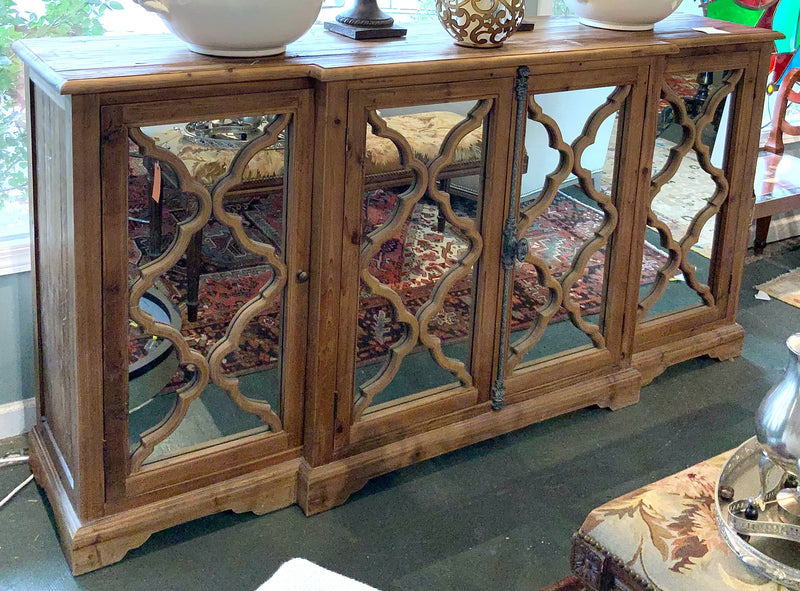 Rustic Wood Console With Mirrored Inserts