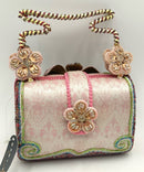 MARY FRANCES Vintage Pink Pearl Brocade Gold Embellished Flower Seed Bead Bag