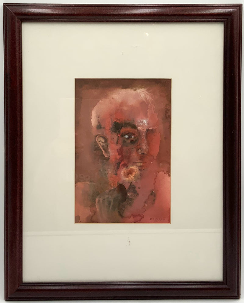 Barbara McLain Watercolor of Face in Wood Frame