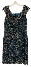 TADASHI SHOJI Teal w/Gold Embroid Lace Overlay Cap Sleeve Dress