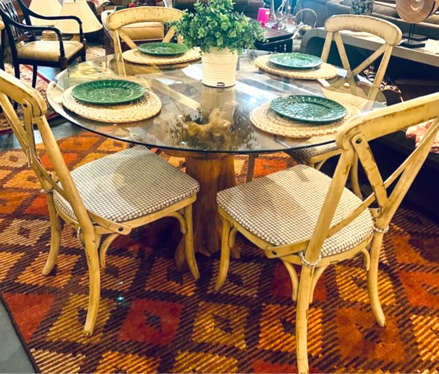 Round Glass Dining Table with Driftwood Base