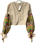 MOCHI Beige Linen Multi Embroidered Balloon Slv B/D Top