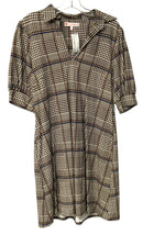JUDE CONNALLY Brown/Cream/Blue Houndstooth Plaid V-Neck S/S Dress