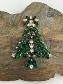 Gold Tone Green Crystal Crystal Tree Brooch