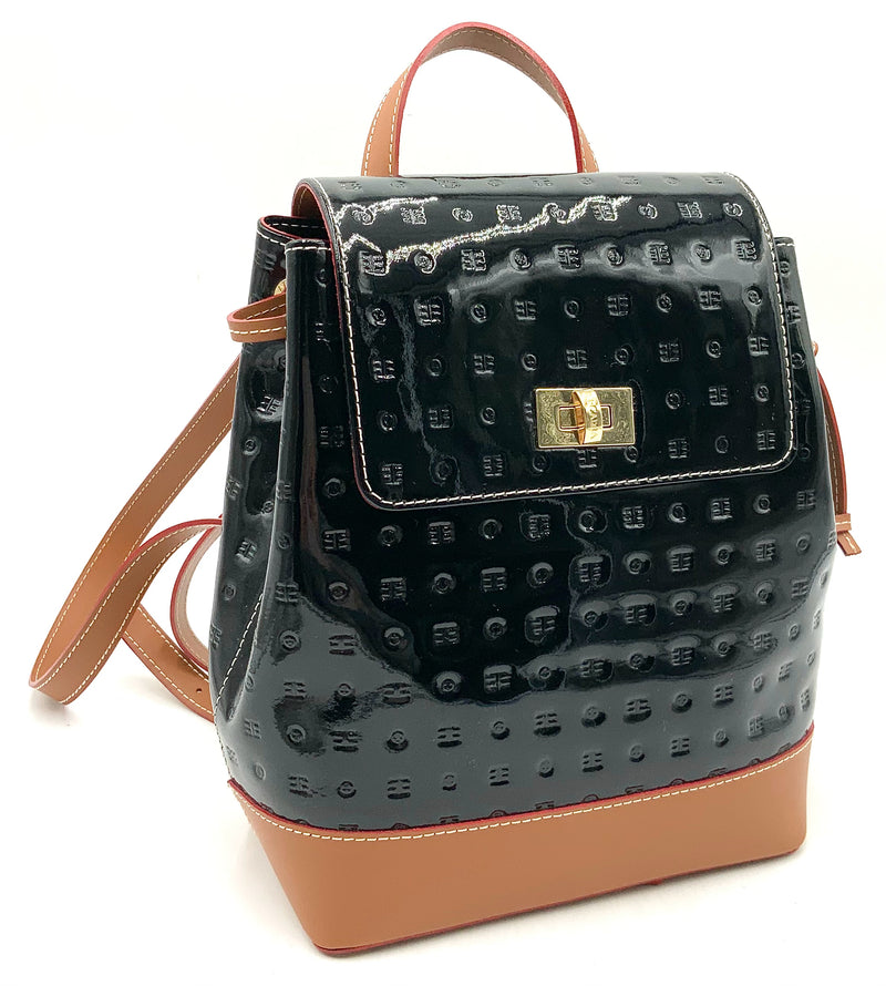 ARCADIA Black Patent Leather Logo Backpack