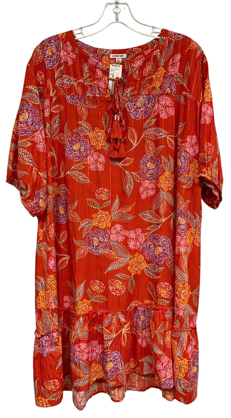 JOHNNY WAS Red/Multi Whimsical Hibiscus Pleated Tassel Tie Neck Dress