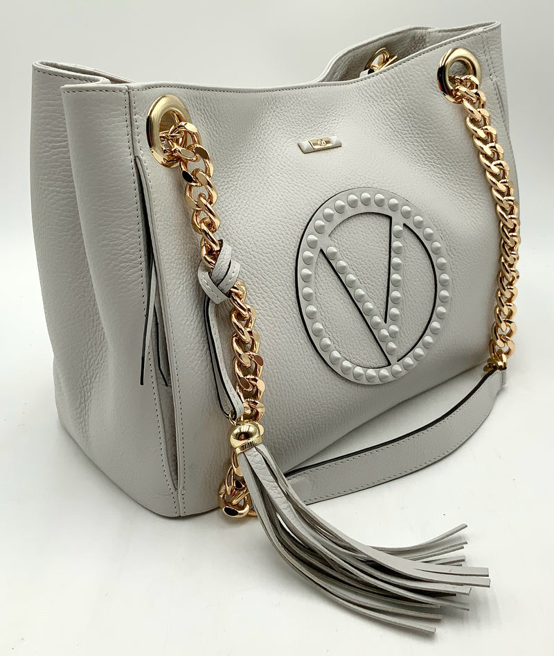 Mario Valentino White Leather Studded Logo Chain Tote