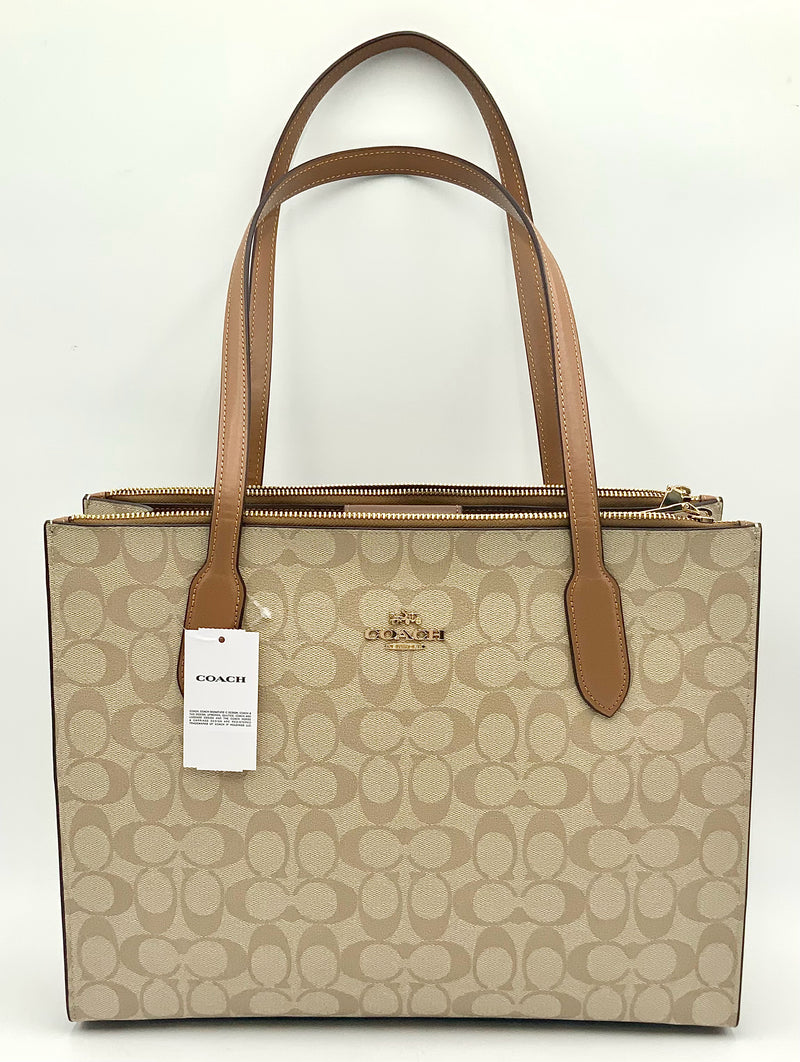 COACH Khaki Signature Print Saddle Leather Trim Nina Tote