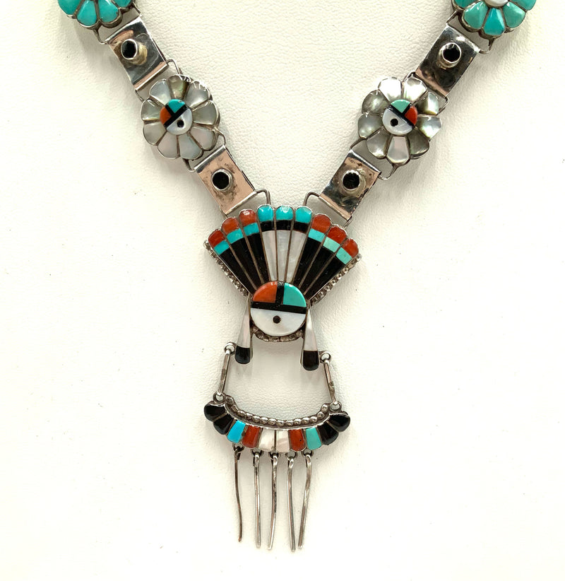 Zuni Sterling/Turquoise/Mother of Pearl/Coral Sunface Necklace