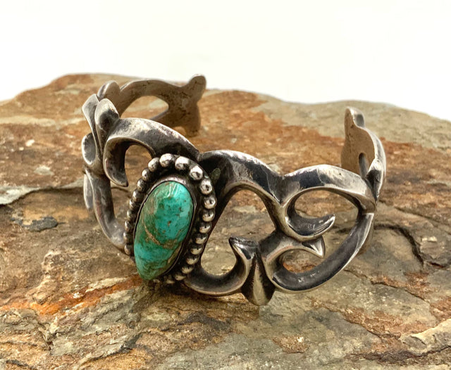 Navajo Sand Cast Sterling & Turquoise Cuff Bracelet