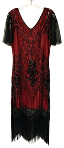 METME Red w/Black Mesh & Seed Bead Overlay Fringe Hem S/S Flapper Dress
