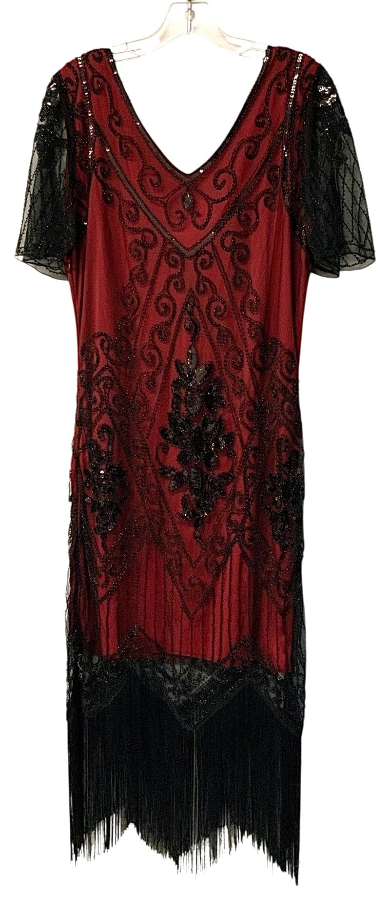 METME Red w/Black Mesh & Seed Bead Overlay Fringe Hem S/S Flapper Dress