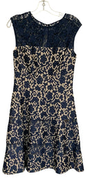 KAY UNGER Nude w/Navy Lace Overlay Cap Sleeve Fit & Flare  Dress