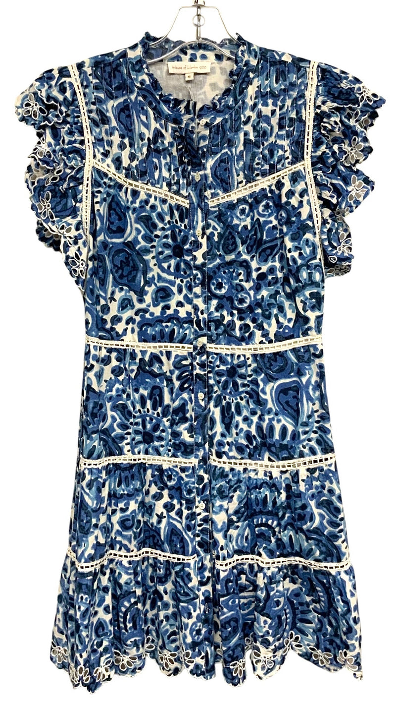 HOUSE OF HARLOW Blue White Batik Printed Melba Ruffle Slv Dress